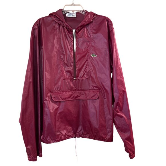 Vtg 80s Izod Lacoste Maroon Anorak Jacket Windbreaker Pocket Hood Packable L EUC - Picture 1 of 4